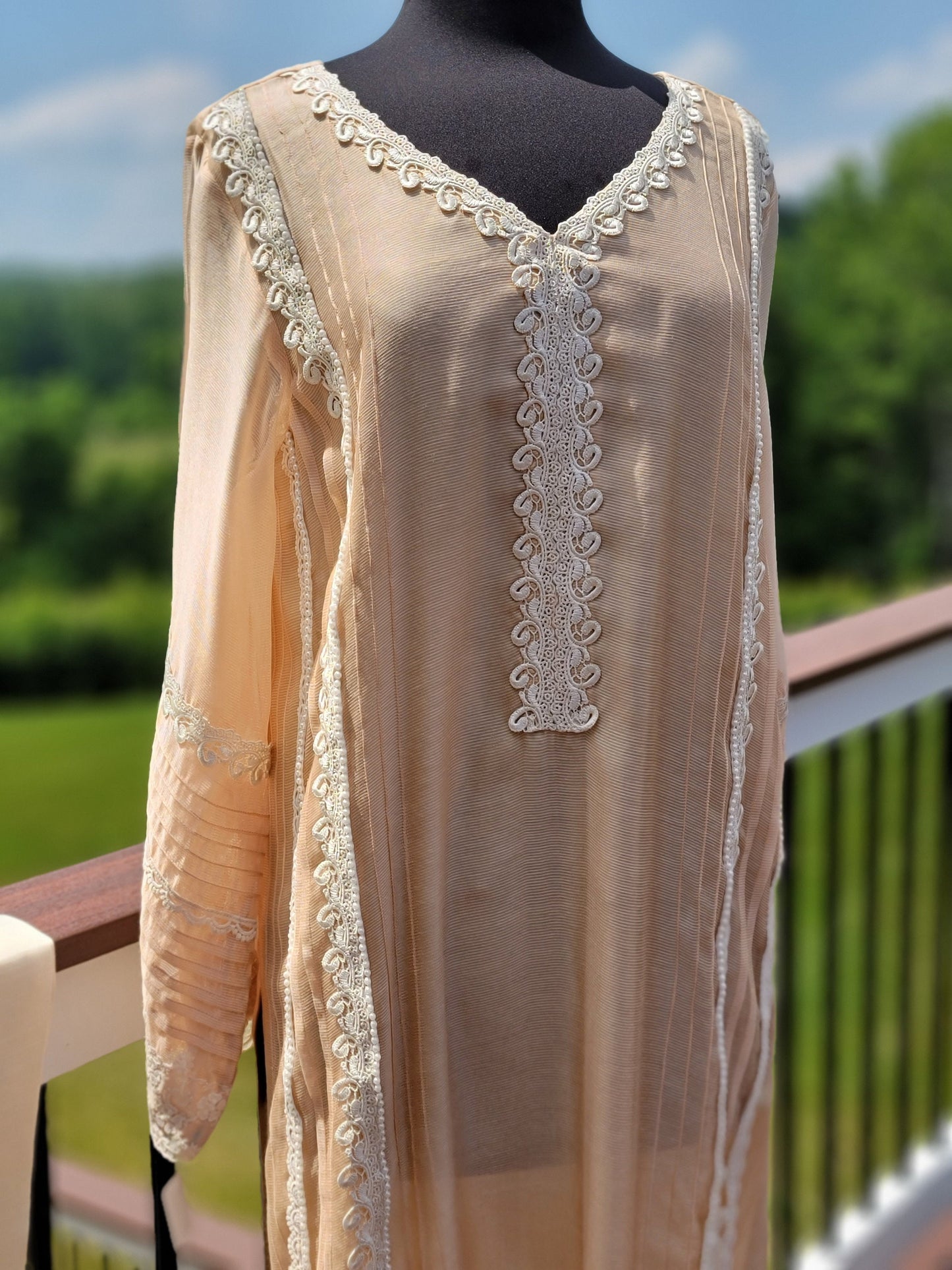 Net shirt with lace work,  pant and Dupatta.  Pakistani designer wear.  Formal wear.