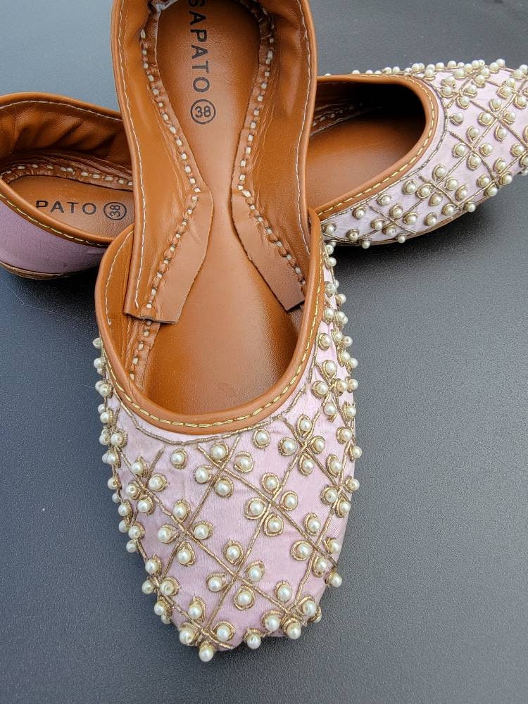 Pink  khussa with pearl work.