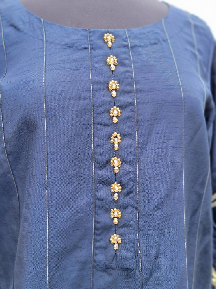 Navy blue raw silk shirt and shalwar with organza gota work duppata. Pakistani designer. Qalamkar.