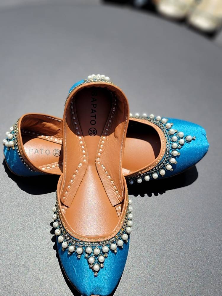 Gorgeous blue silk base khussa with pearl work. Khussa. Jutti. Pakistani.