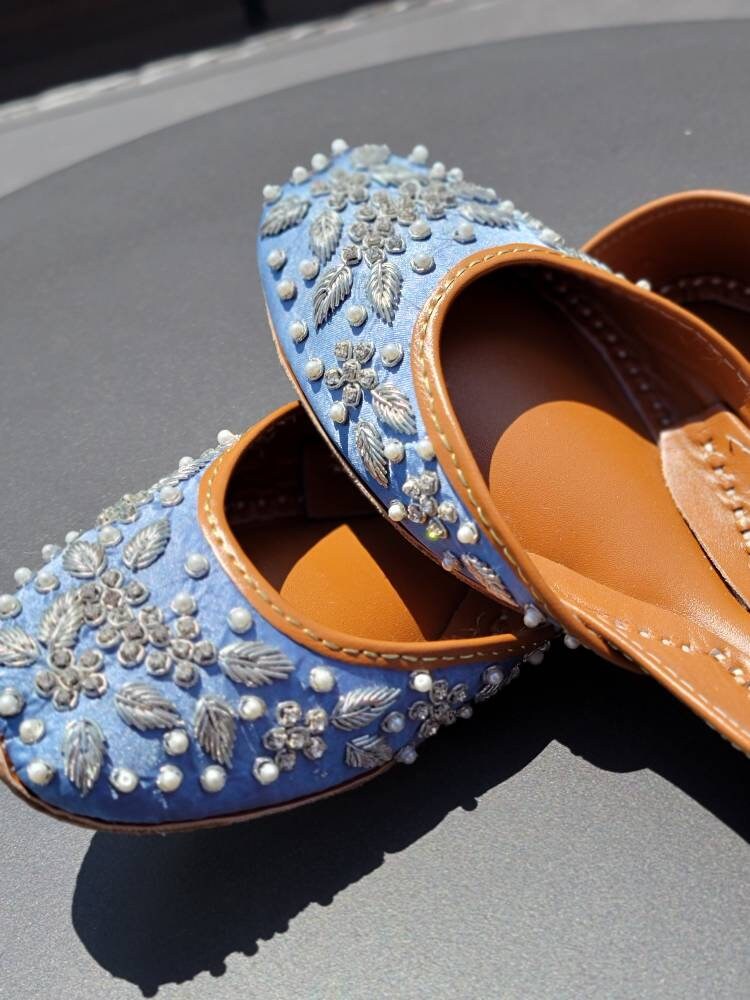 Light blue khussa. Handcrafted dabka work. Pure leather, Non-allergic khussa.