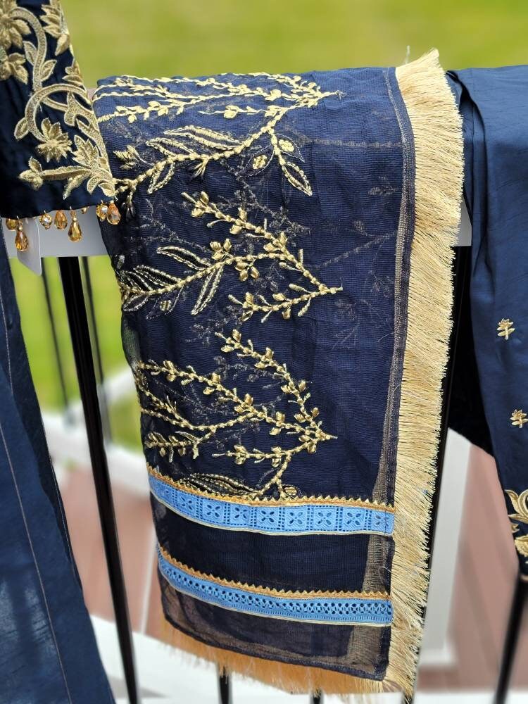 Navy blue raw silk shirt and shalwar with organza gota work duppata. Pakistani designer. Qalamkar.