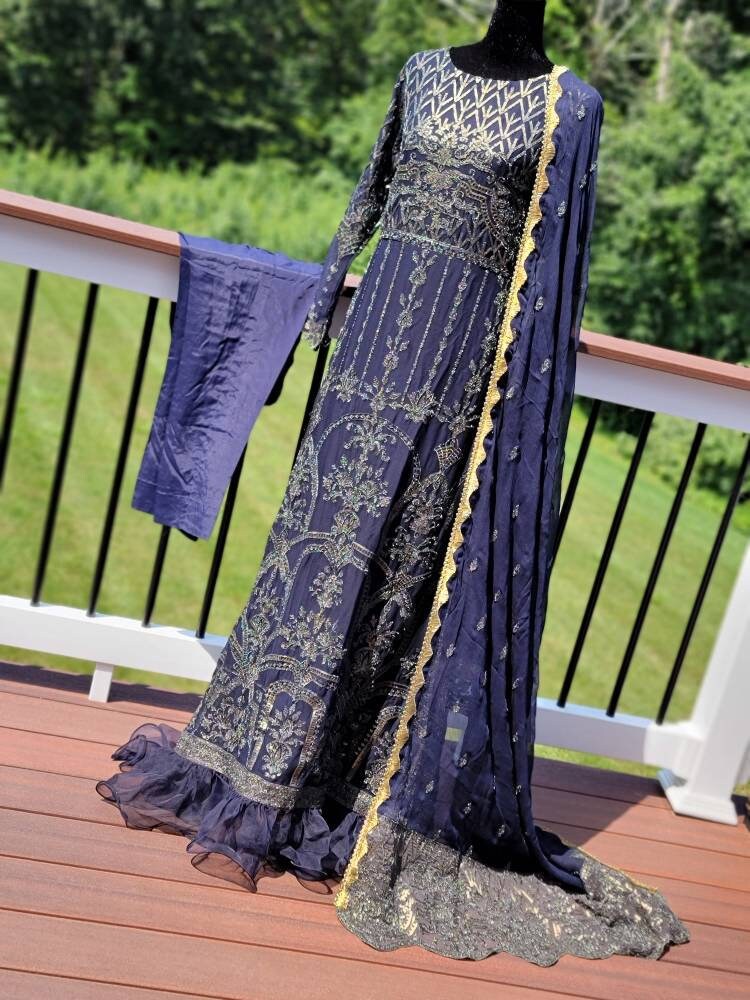 Navy blue Sequins Embroidered Chiffon shirt and duppata with raw silk pant.