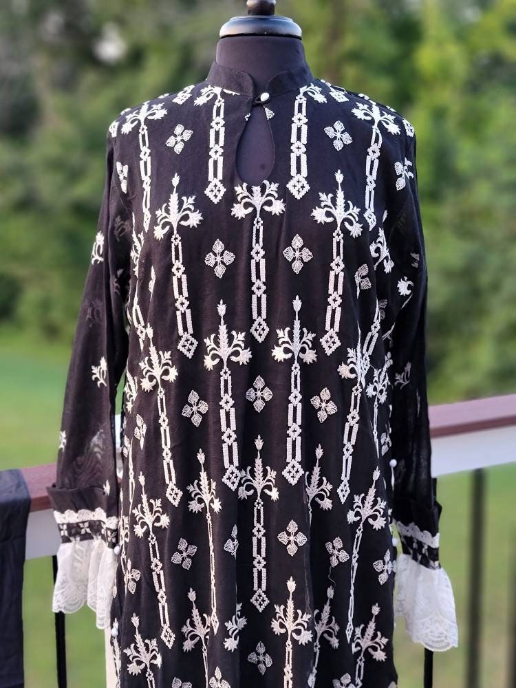 Black and white khadi net formal outfit.  Pakistani designer wear.  Ready to ship.