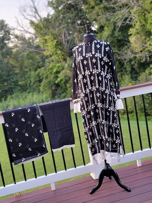 Black and white khadi net formal outfit.  Pakistani designer wear.  Ready to ship.