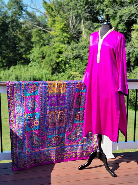 Pink silk shirt and straight pant with block print silk dupatta.