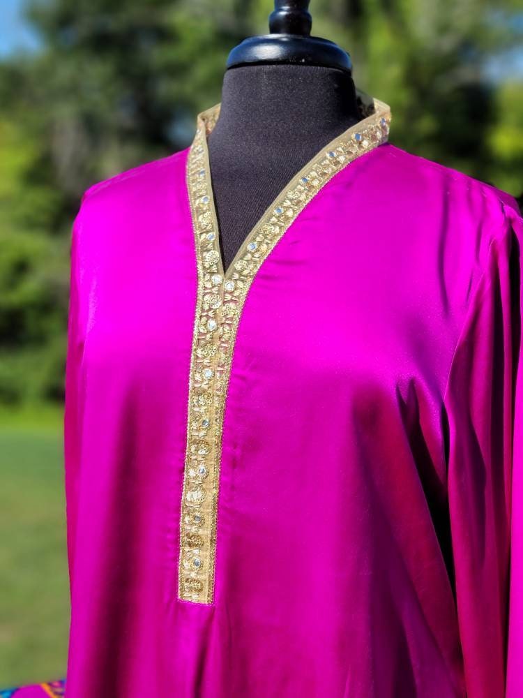 Pink silk shirt and straight pant with block print silk dupatta.