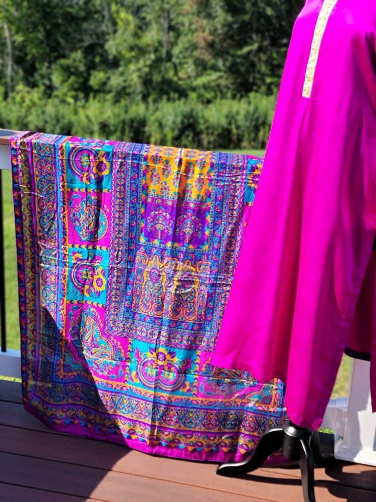 Pink silk shirt and straight pant with block print silk dupatta.