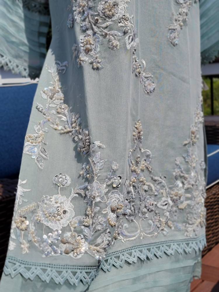 Gorgeous ice Blue formal attire.  Ready to wear. Heavy all over hand work on shirt.