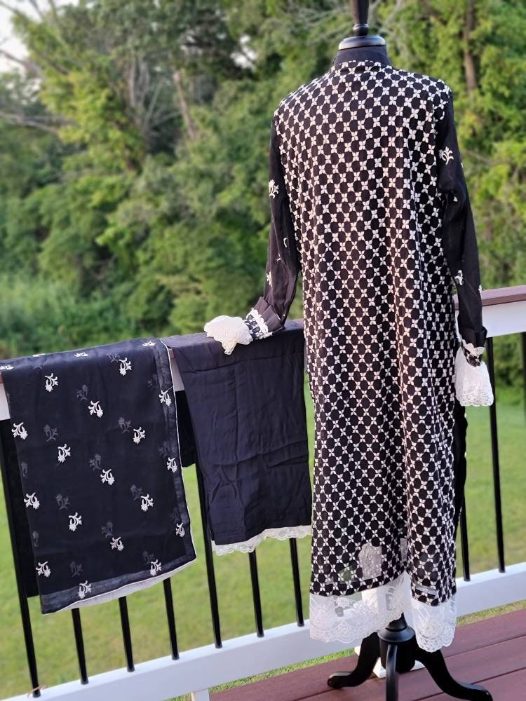 Black and white khadi net formal outfit.  Pakistani designer wear.  Ready to ship.