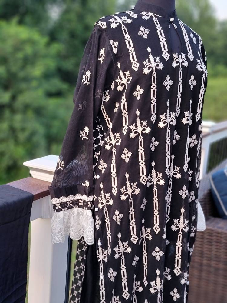 Black and white khadi net formal outfit.  Pakistani designer wear.  Ready to ship.