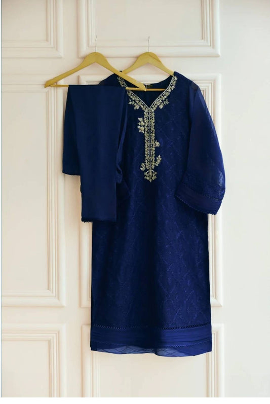 Agha noor blue cotton net 2 pc. Handwork on gala paired with raw silk pant.  Ready to wear.