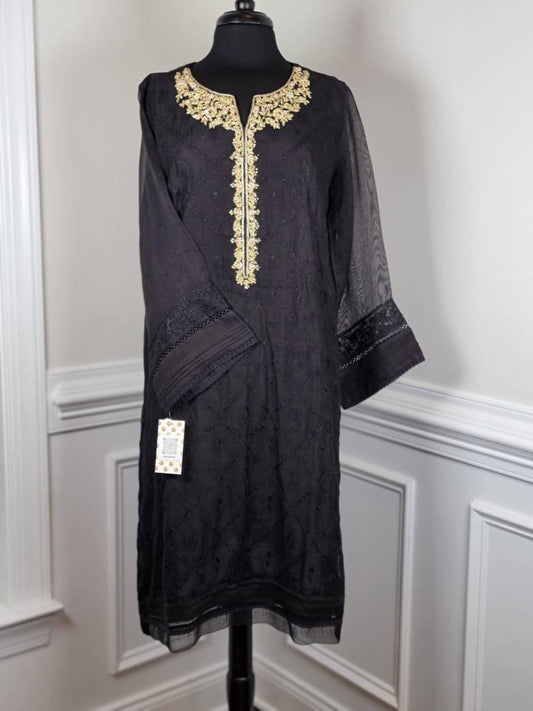 Black cotton net shirt with handwork on gala . Paired with raw silk pant.  Agha noor. Ready to wear.