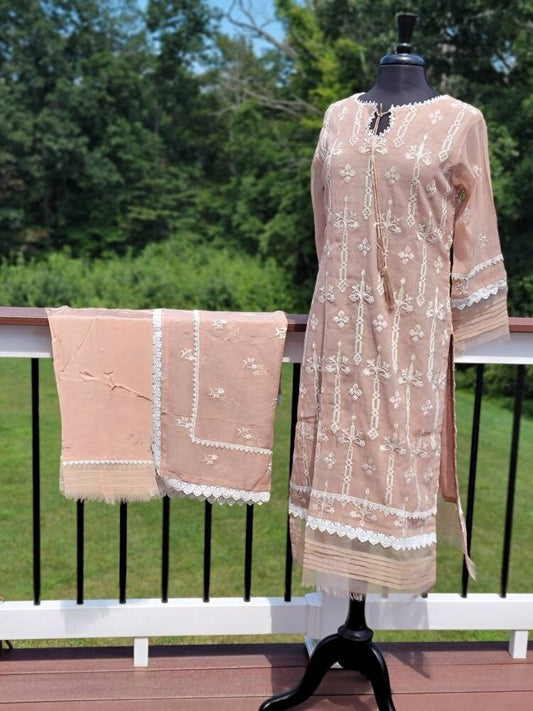 Sand beige khadi net with duppata and silk trouser.  Pakistani ready to wear.