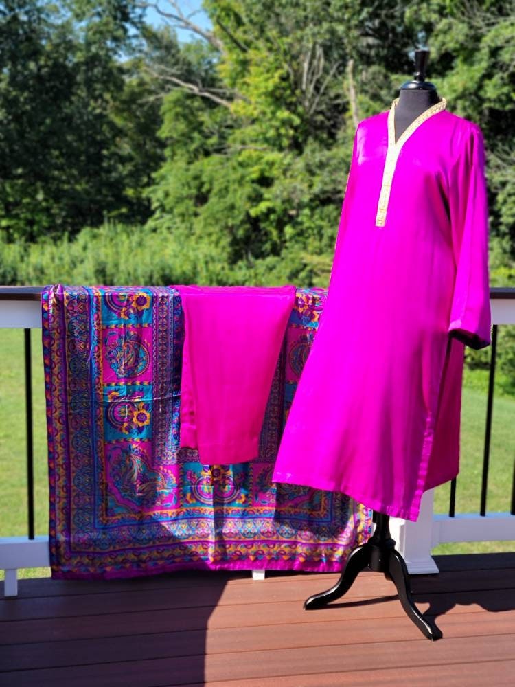 Pink silk shirt and straight pant with block print silk dupatta.