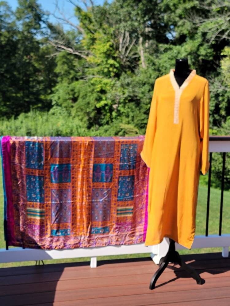 Orange Crinkle Chiffon shirt with pant and block print silk dupatta. Pakistani ready to wear.