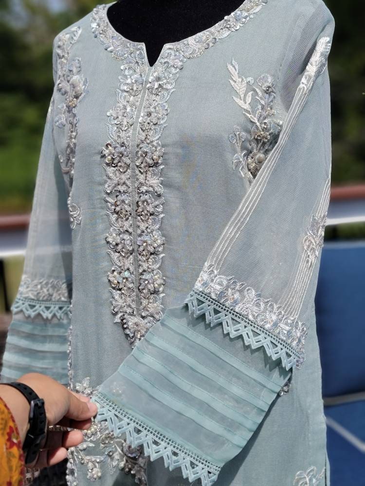 Gorgeous ice Blue formal attire.  Ready to wear. Heavy all over hand work on shirt.