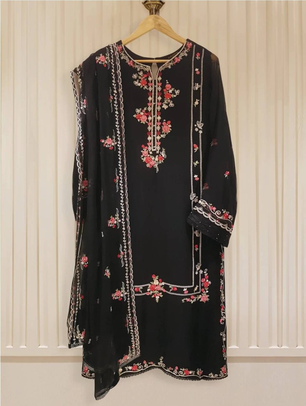 Three piece pure chiffon heavily embroidered and duppata. Agha noor. Ready to ship.