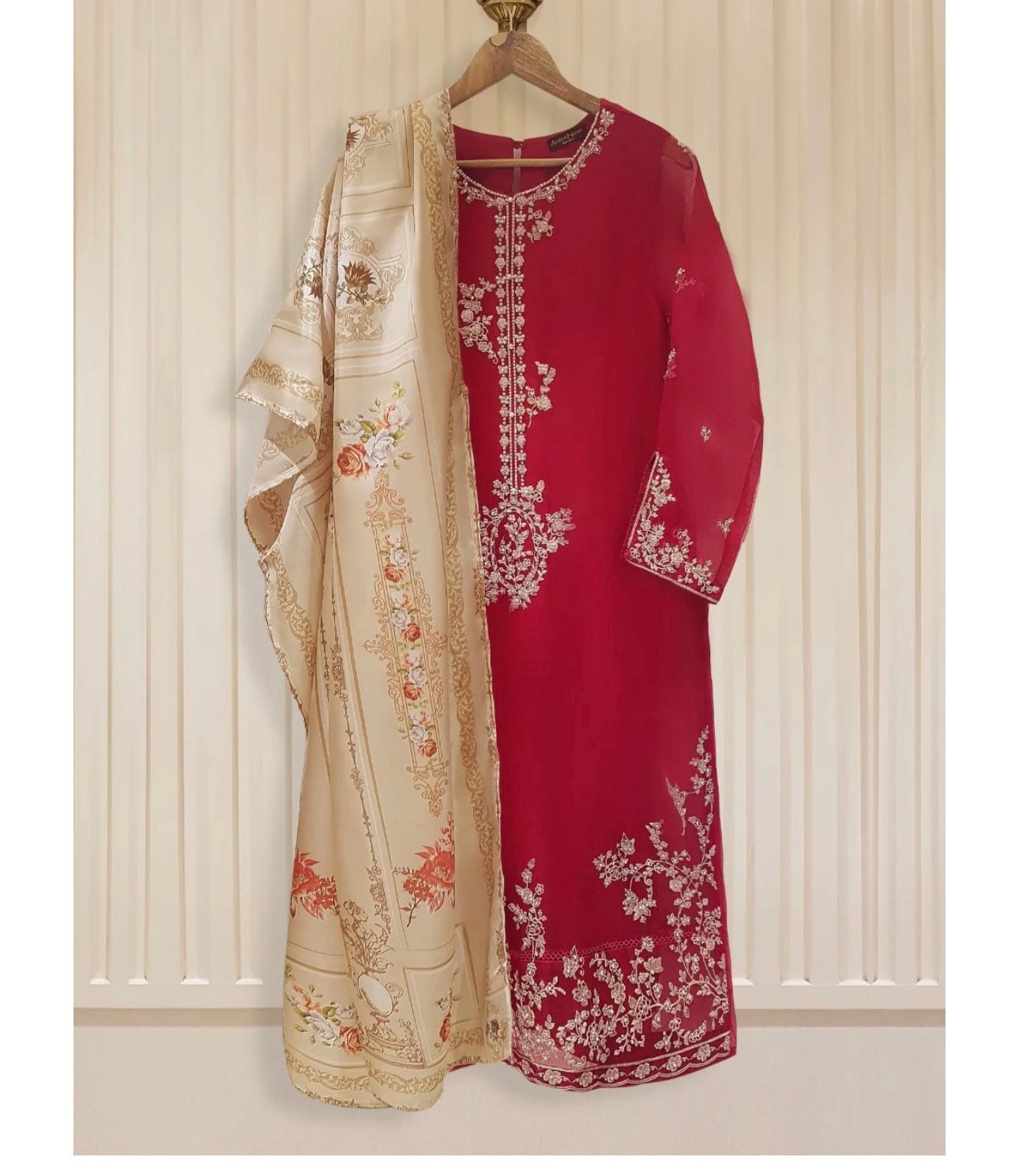 Red agha noor. Three piece pure organza shirt with silk duppata and silk pants.