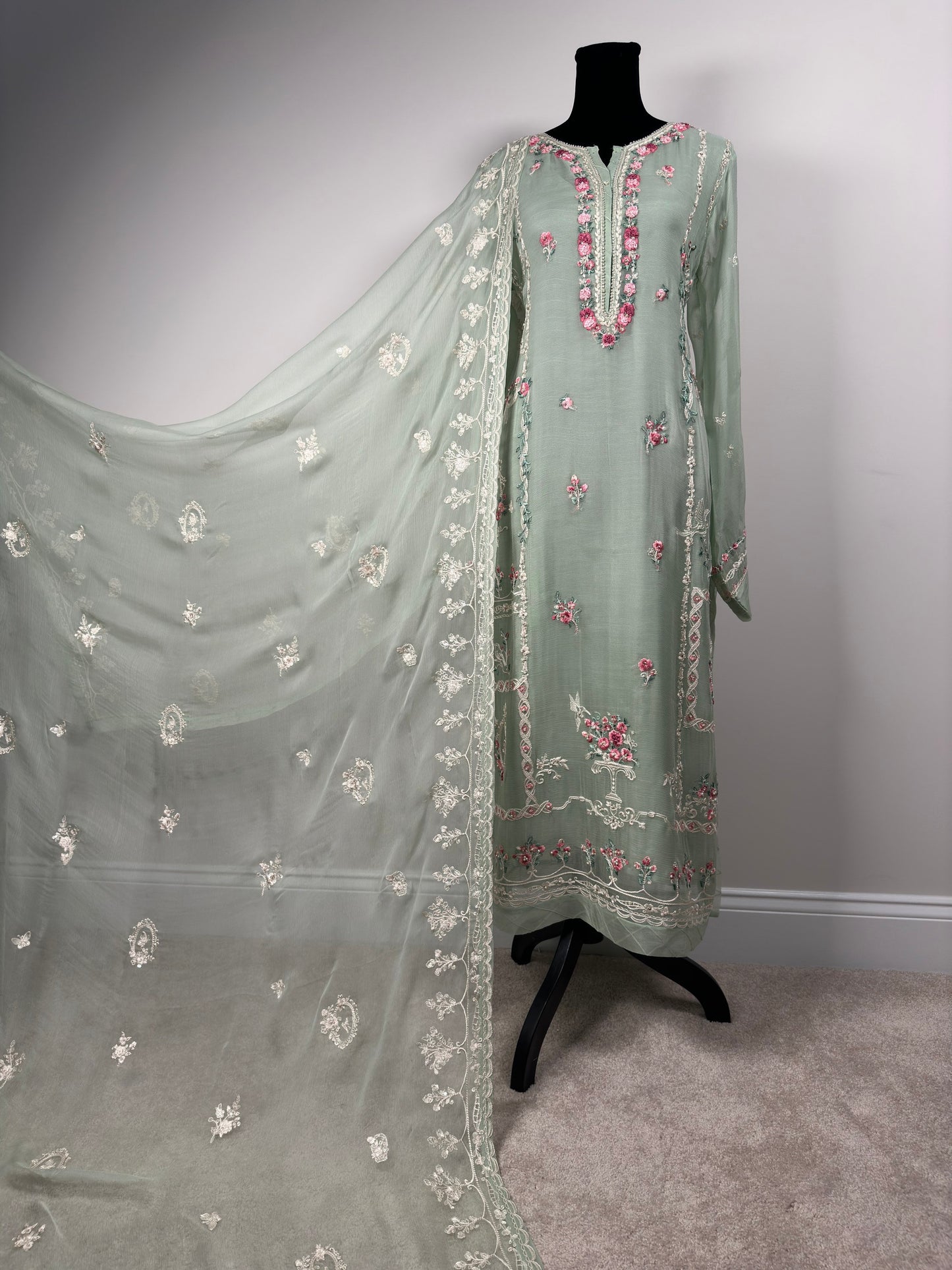 Three piece Agha noor in color mint green. Perfect for Eid . Chiffon shirt with embroidery paired with chiffon embroidered duppata and pant.