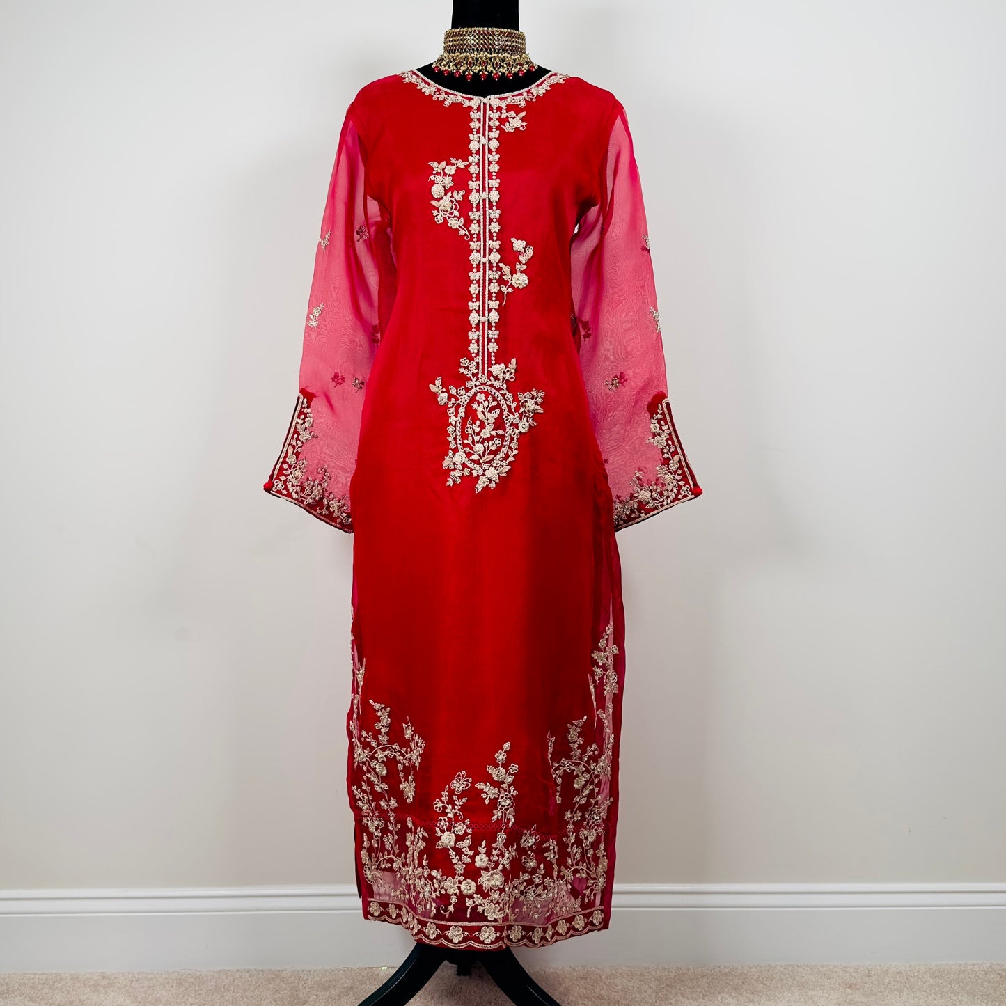 Red agha noor. Three piece pure organza shirt with silk duppata and silk pants.