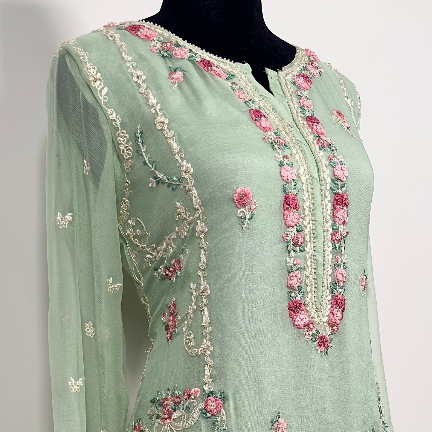 Three piece Agha noor in color mint green. Perfect for Eid . Chiffon shirt with embroidery paired with chiffon embroidered duppata and pant.