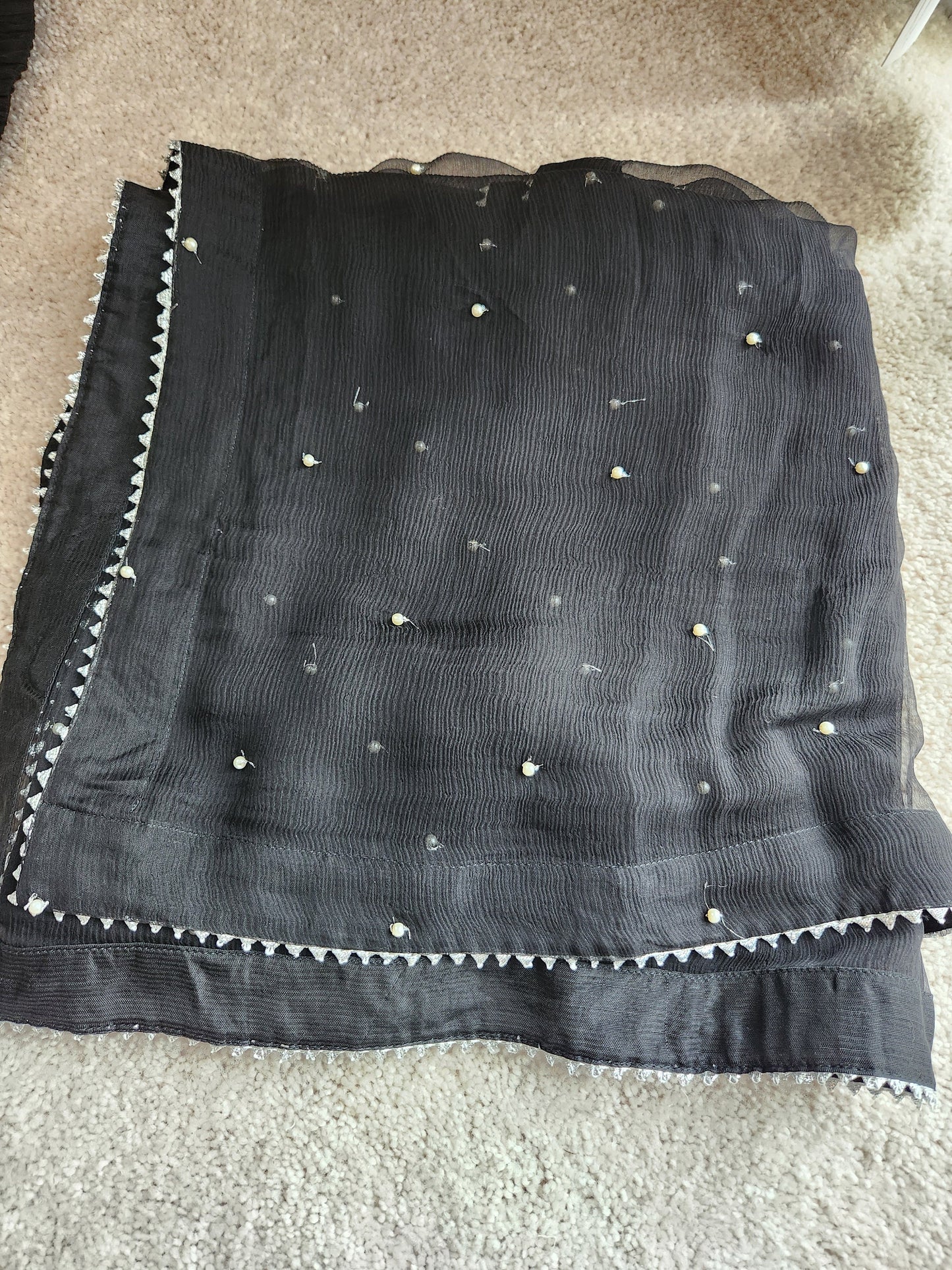 Black chiffon with silver kora dabka pearl handwork. Size large .