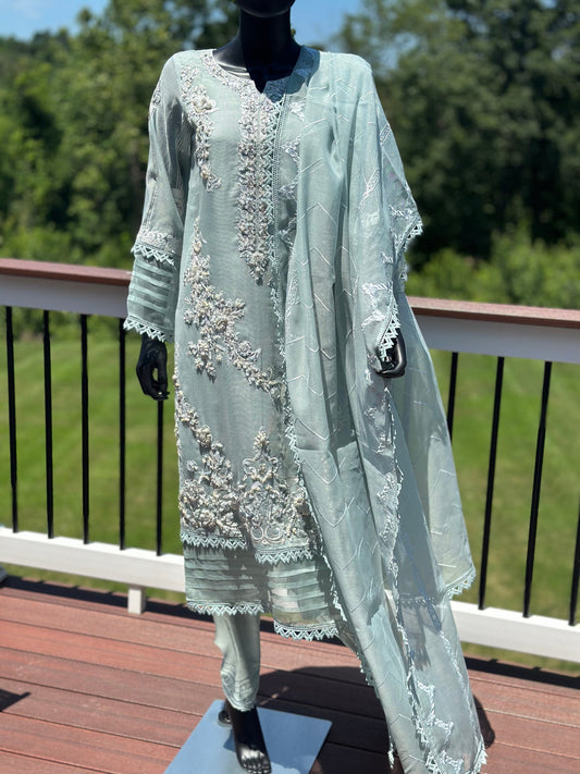 Gorgeous ice Blue formal attire.  Ready to wear. Heavy all over hand work on shirt.