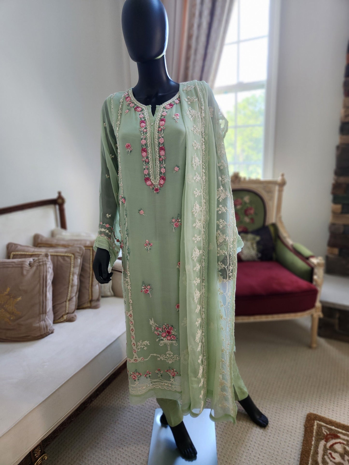 Three piece Agha noor in color mint green. Perfect for Eid . Chiffon shirt with embroidery paired with chiffon embroidered duppata and pant.