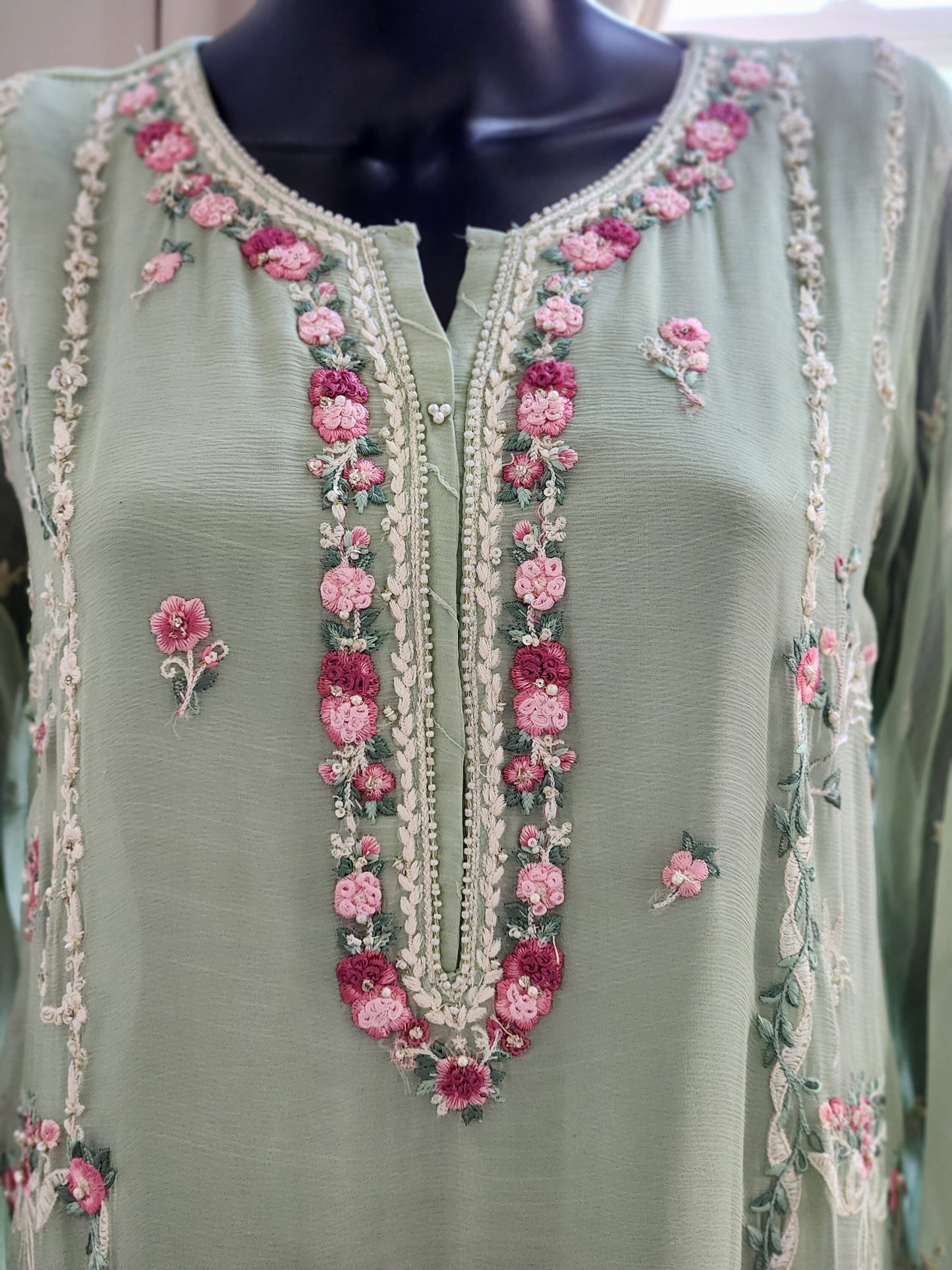 Three piece Agha noor in color mint green. Perfect for Eid . Chiffon shirt with embroidery paired with chiffon embroidered duppata and pant.