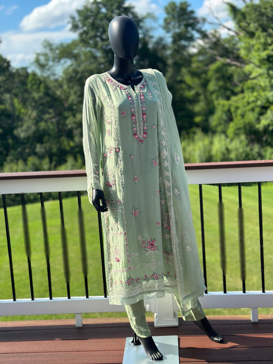 Three piece Agha noor in color mint green. Perfect for Eid . Chiffon shirt with embroidery paired with chiffon embroidered duppata and pant.