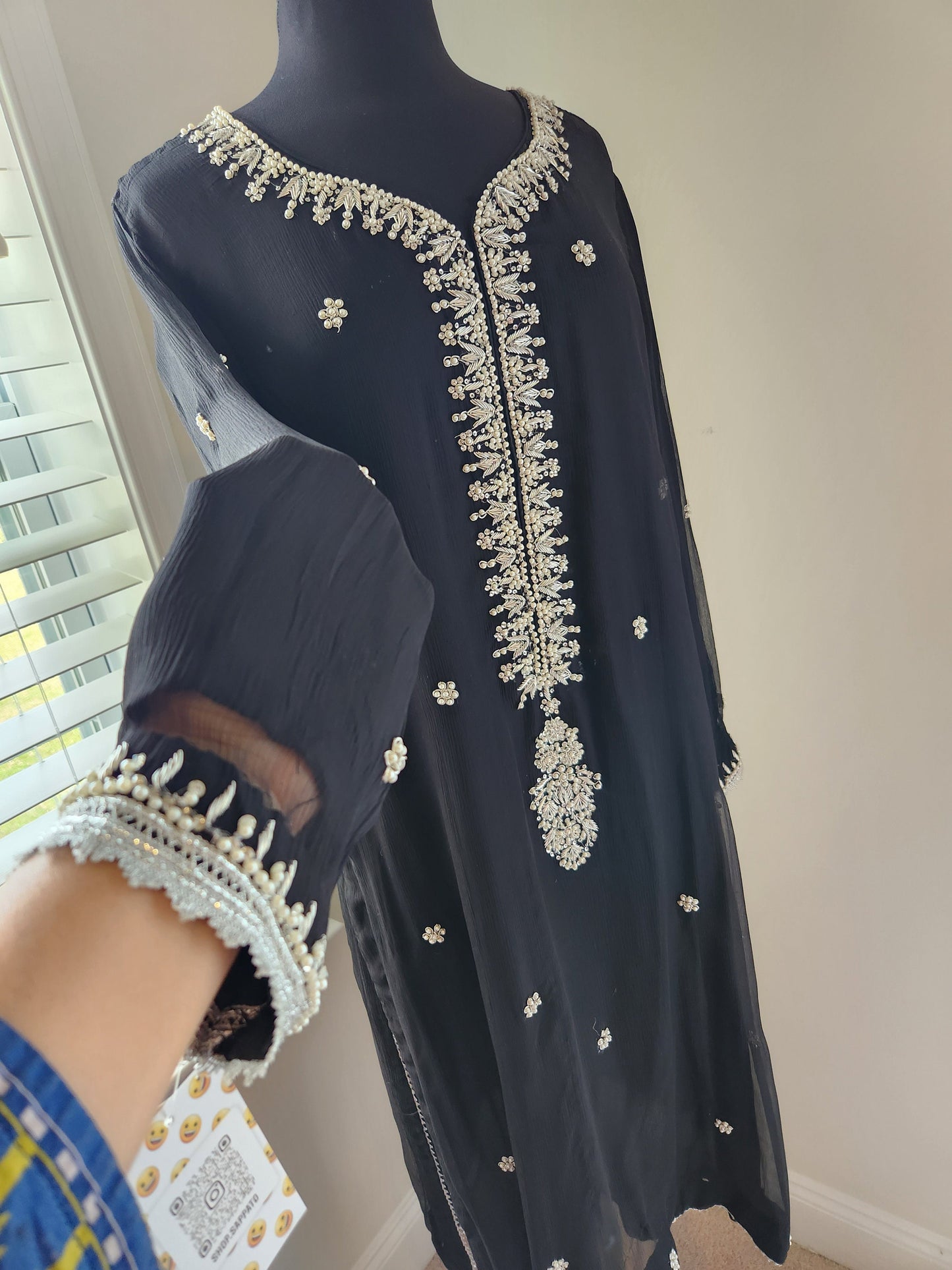 Black chiffon with silver kora dabka pearl handwork. Size large .