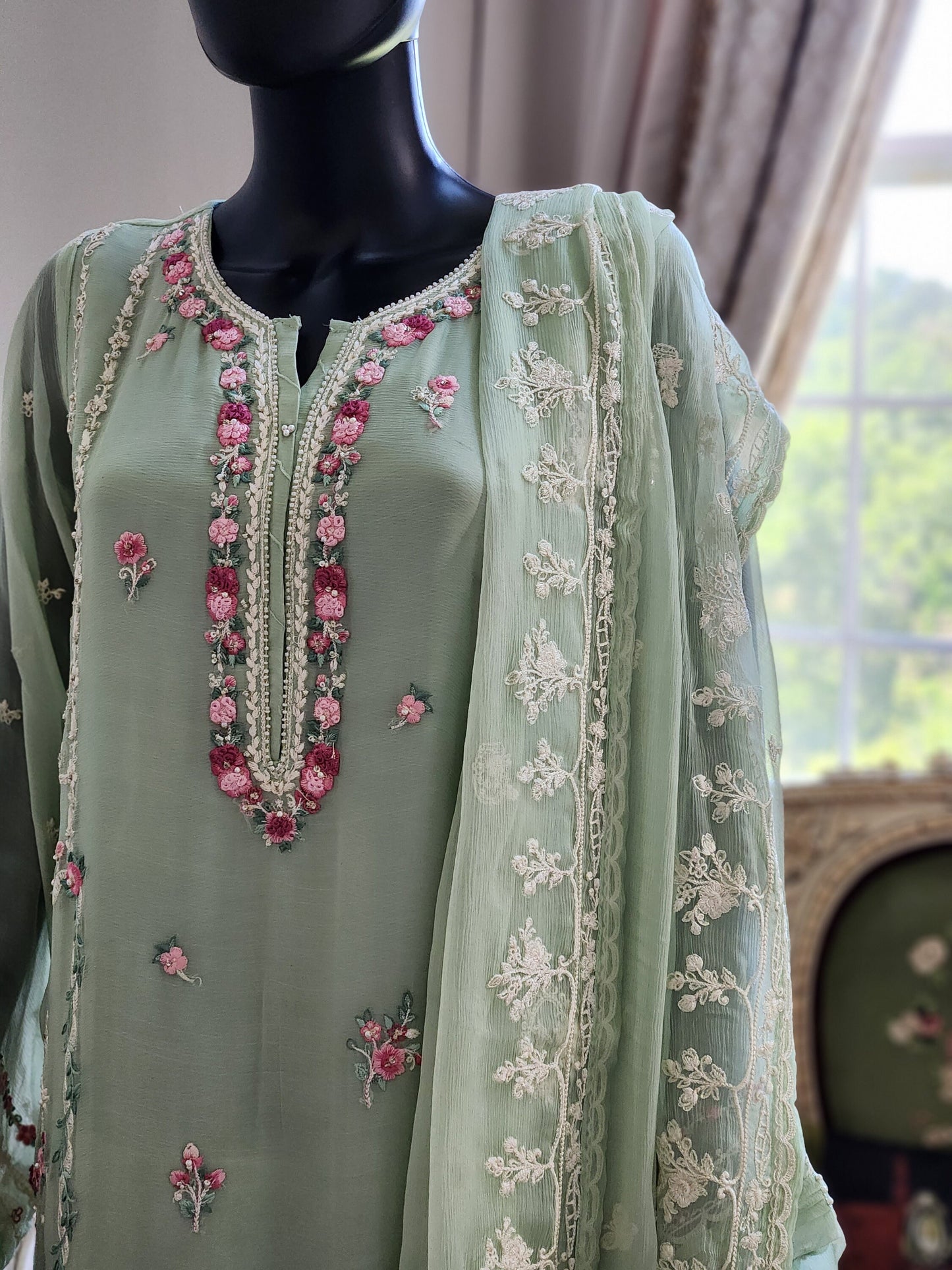 Three piece Agha noor in color mint green. Perfect for Eid . Chiffon shirt with embroidery paired with chiffon embroidered duppata and pant.