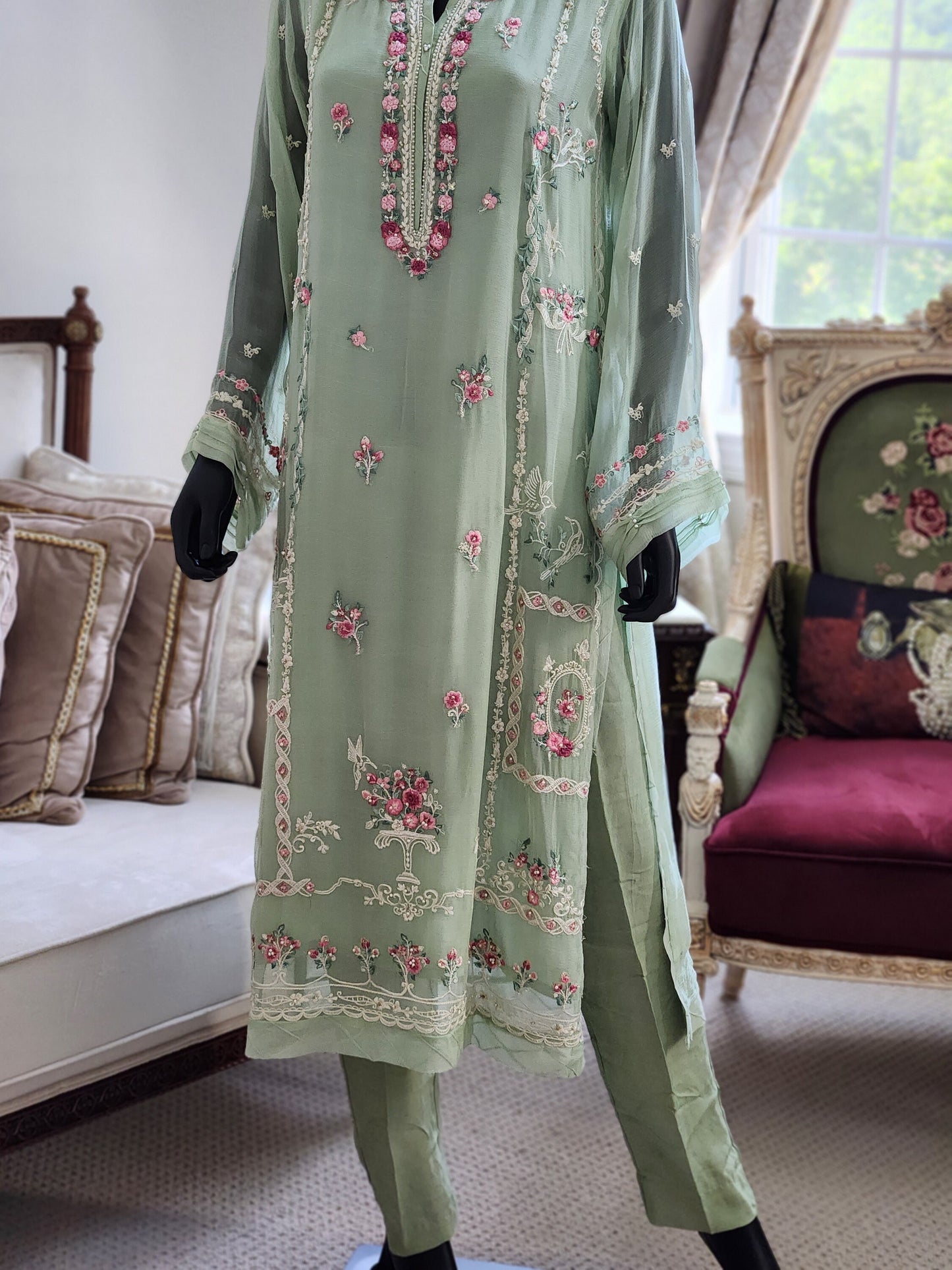 Three piece Agha noor in color mint green. Perfect for Eid . Chiffon shirt with embroidery paired with chiffon embroidered duppata and pant.