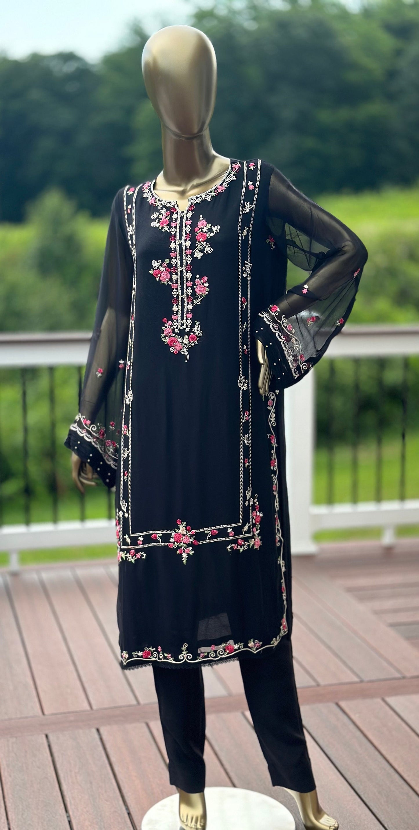 Three piece pure chiffon heavily embroidered and duppata. Agha noor. Ready to ship.