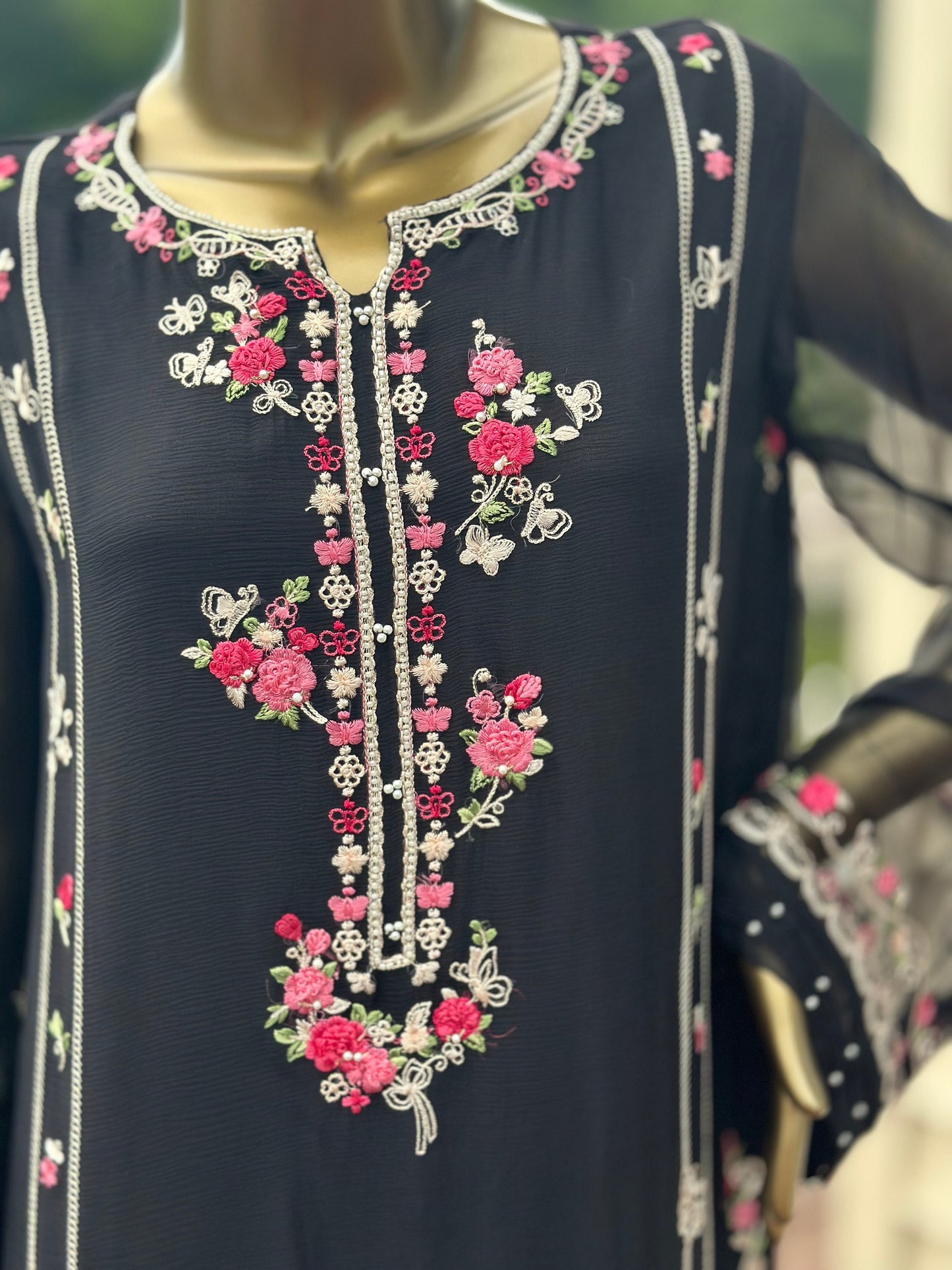 Three piece pure chiffon heavily embroidered and duppata. Agha noor. Ready to ship.