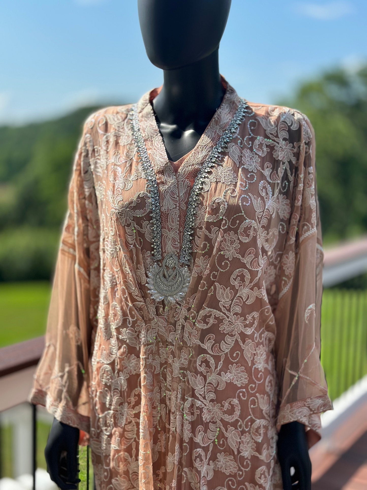 Pure chiffon chikankari kaftan.