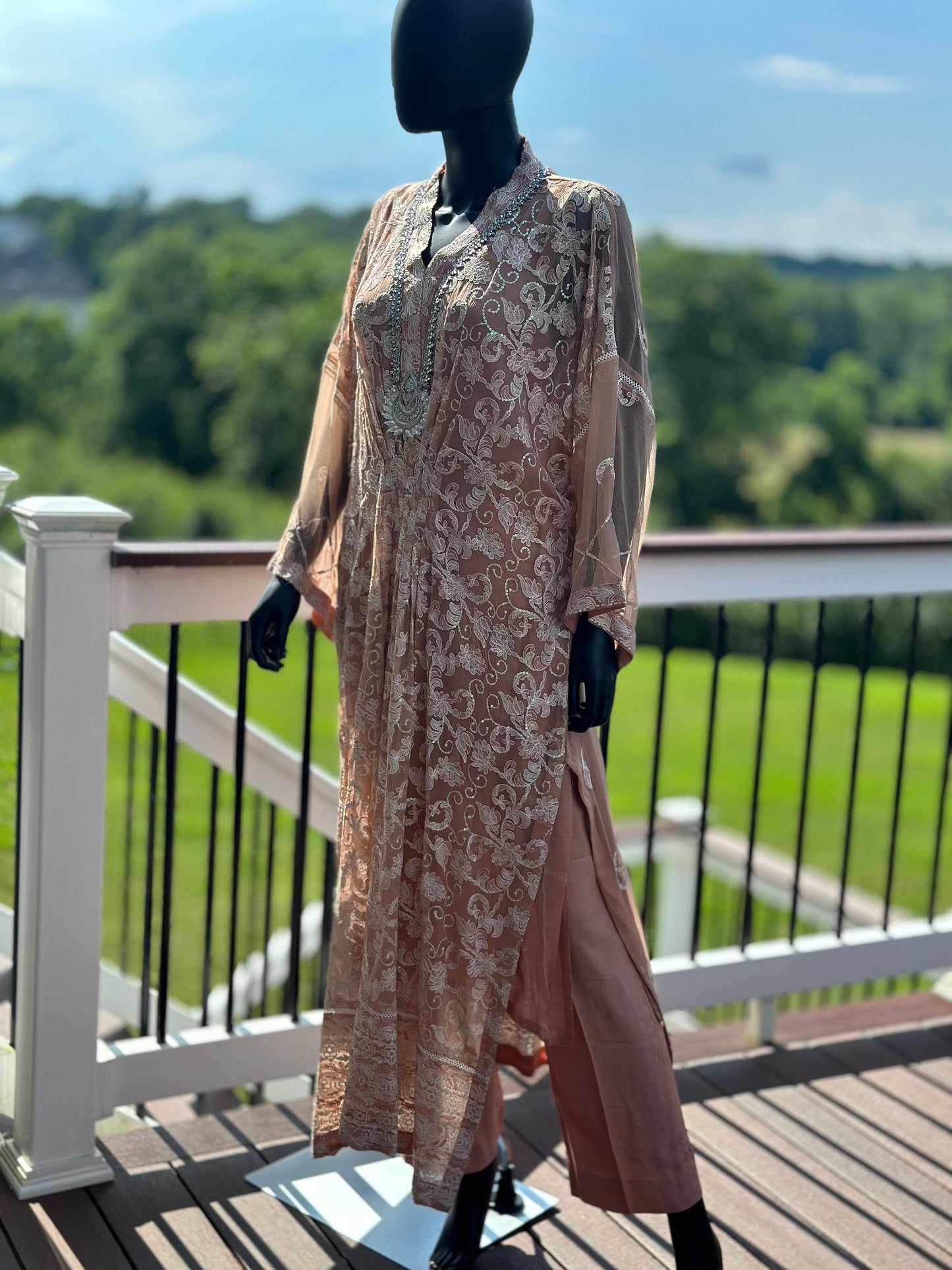 Pure chiffon chikankari kaftan.