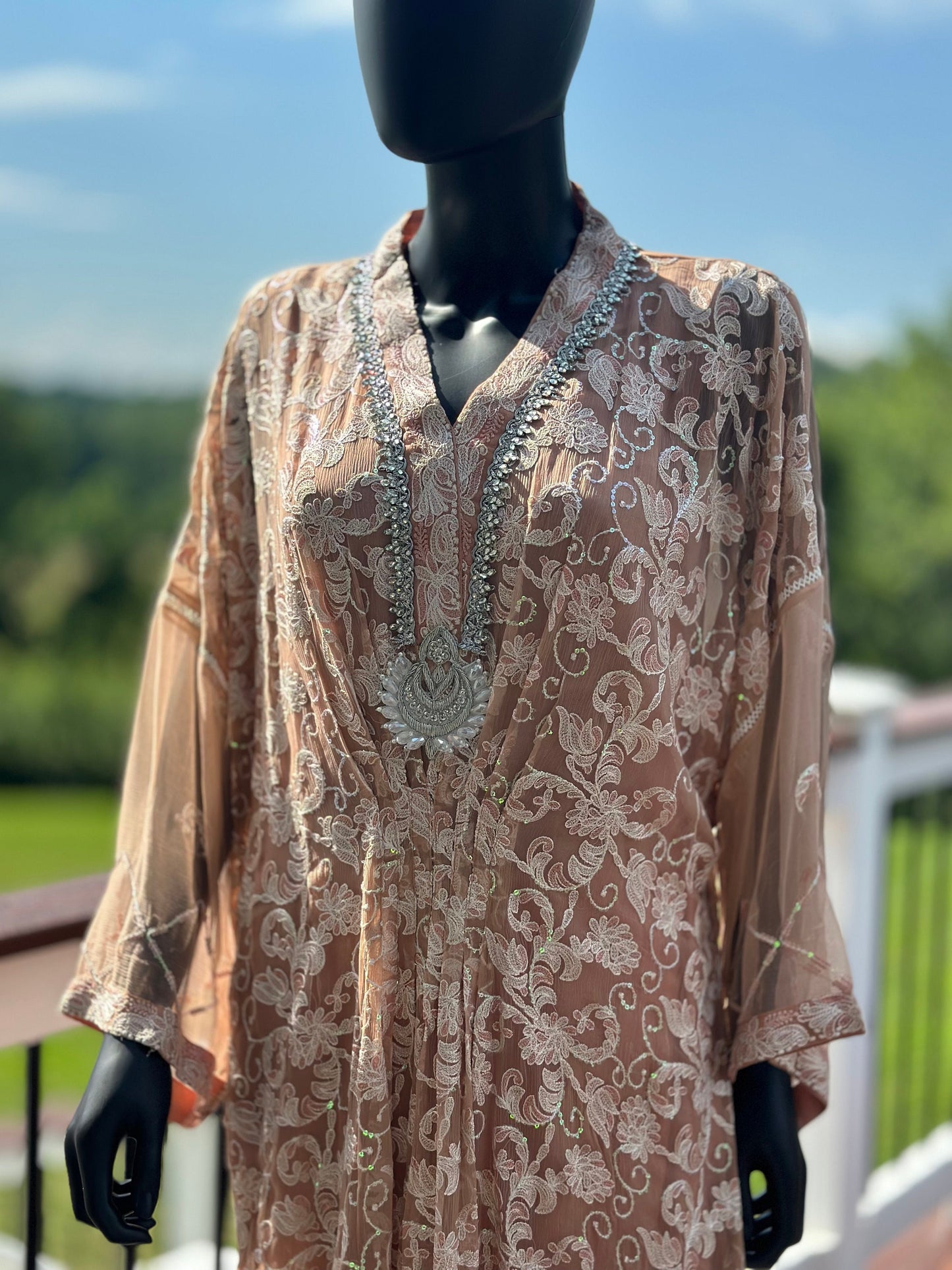 Pure chiffon chikankari kaftan.