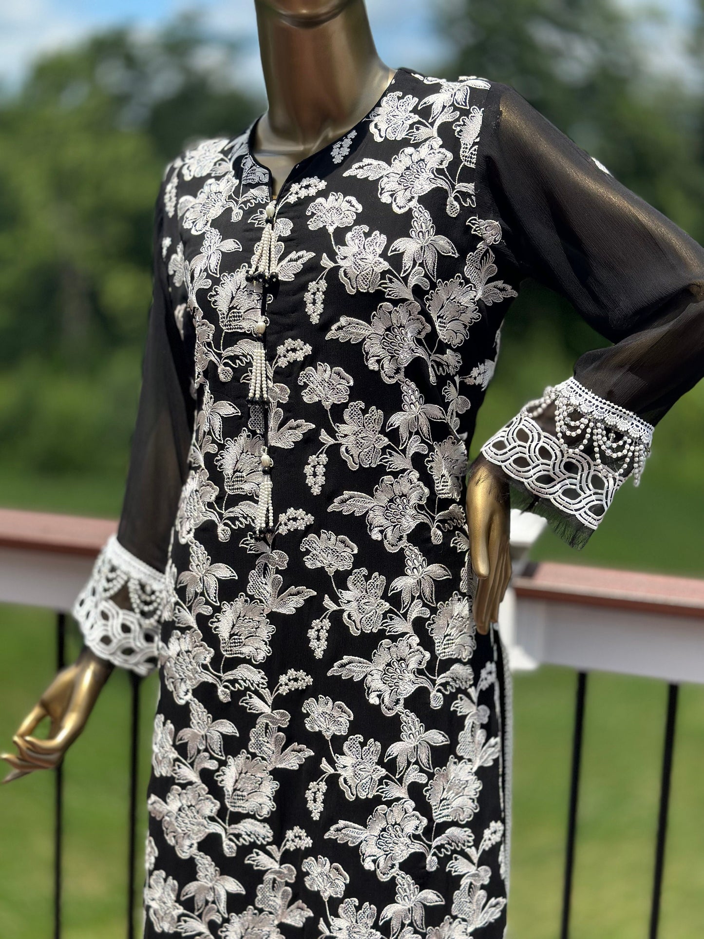 Black and white chikankari on pure chiffon.