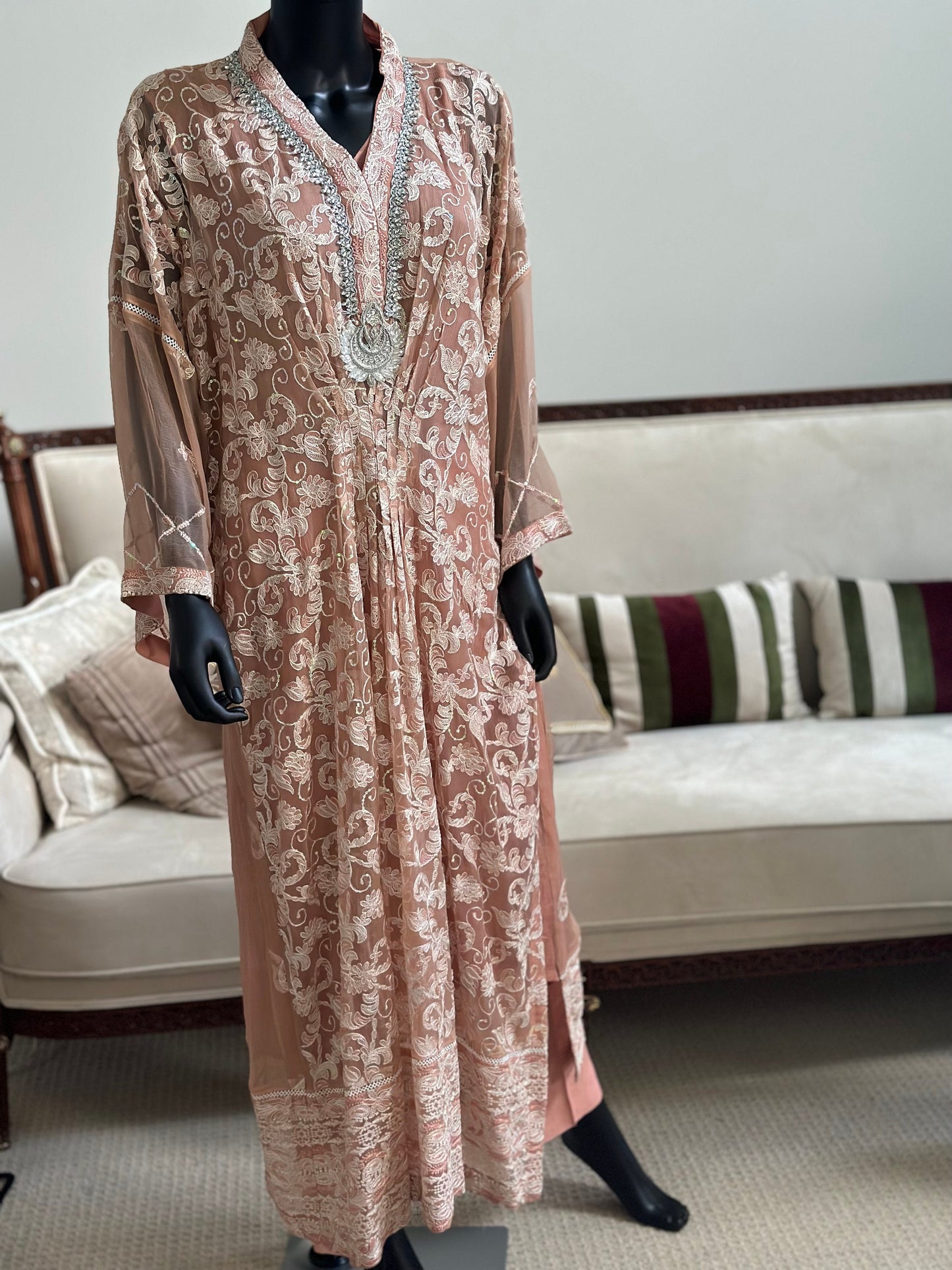 Pure chiffon chikankari kaftan.