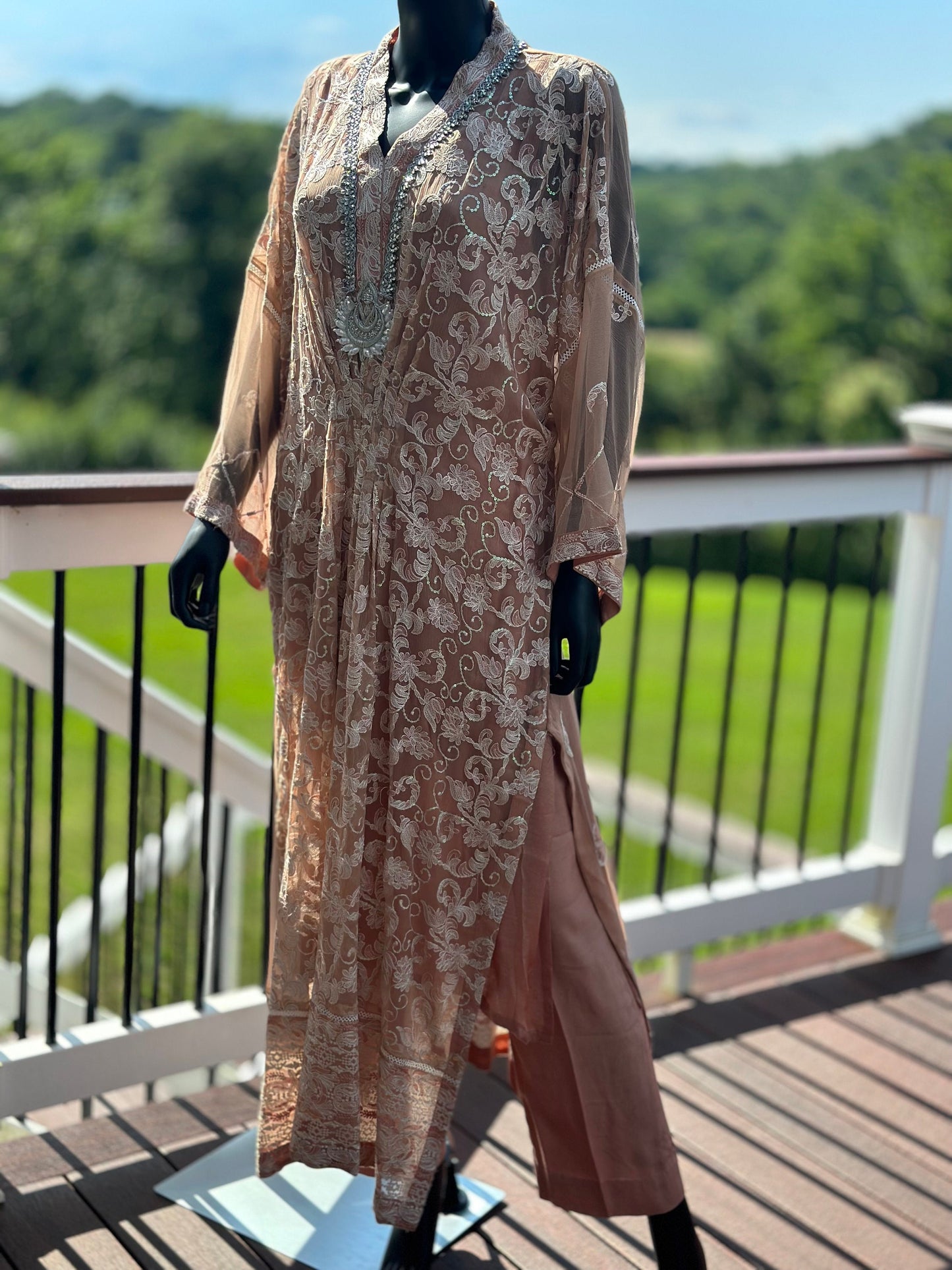 Pure chiffon chikankari kaftan.