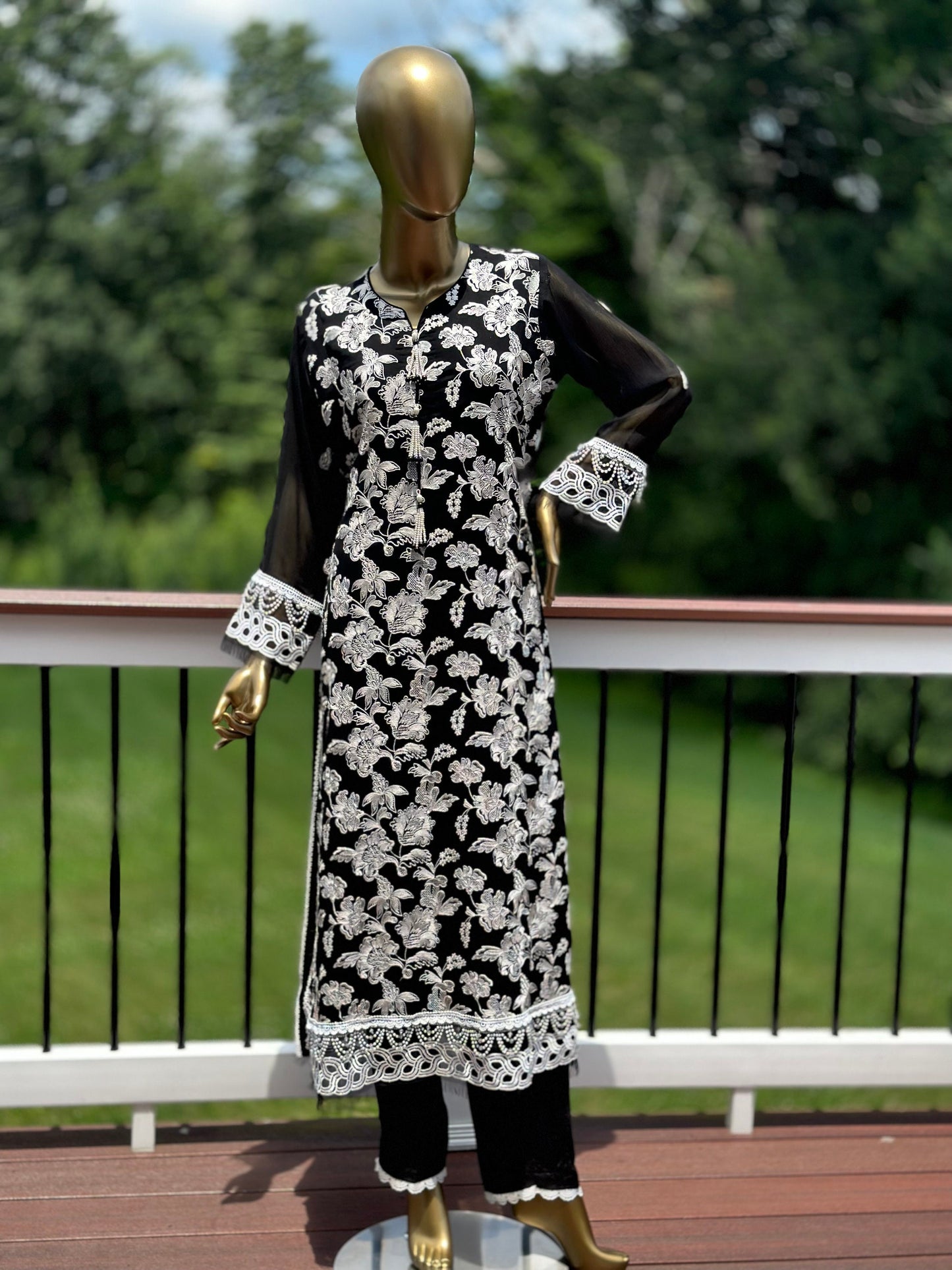 Black and white chikankari on pure chiffon.