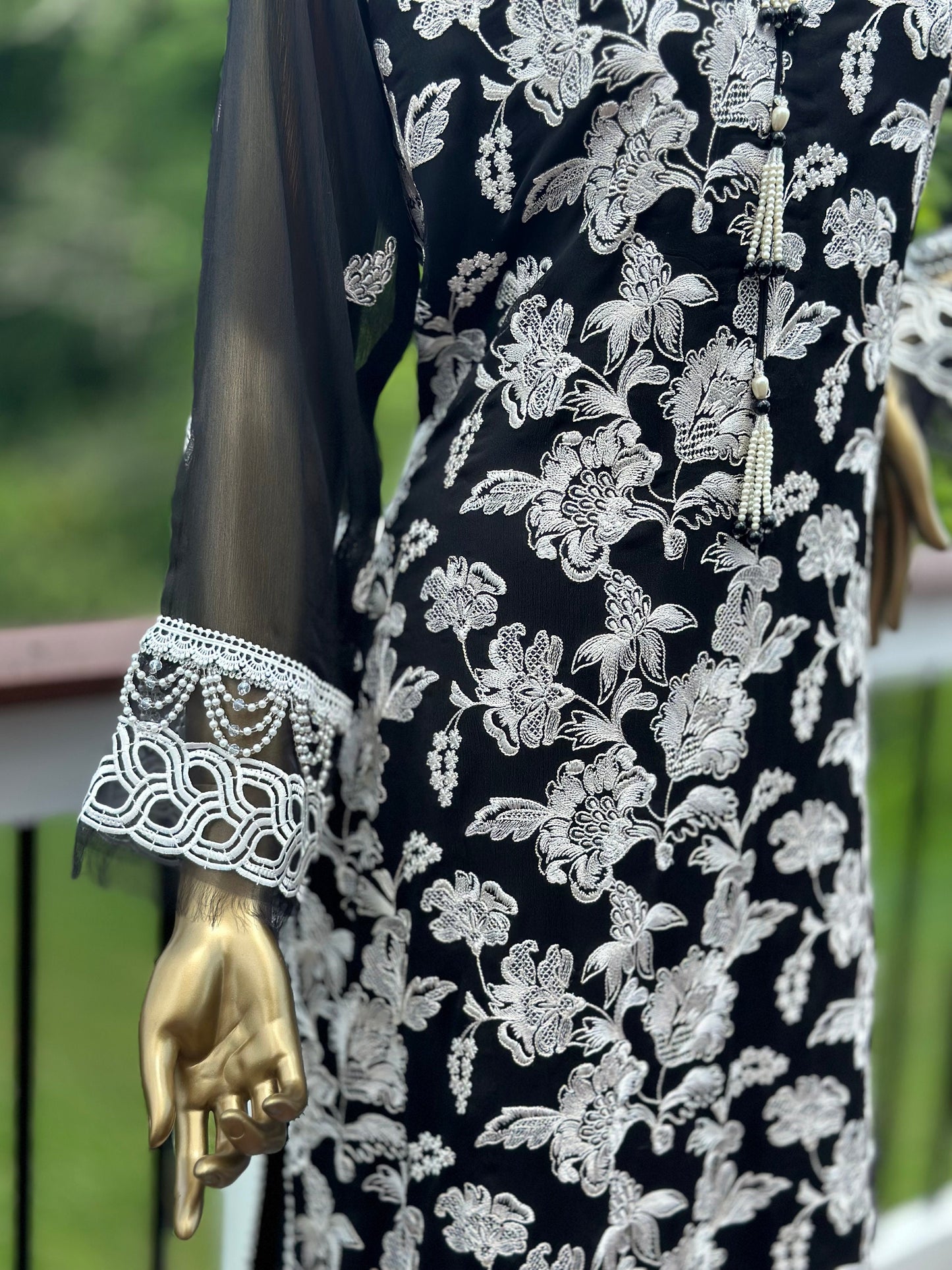 Black and white chikankari on pure chiffon.