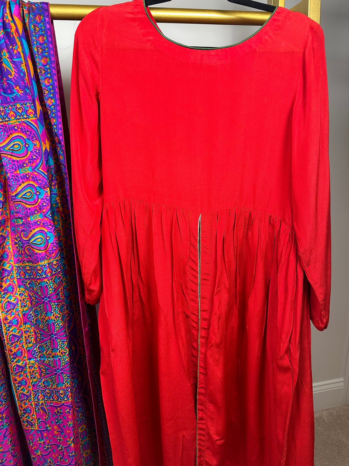 Red front open frock style shirt and pant with multicolored silk duppata.