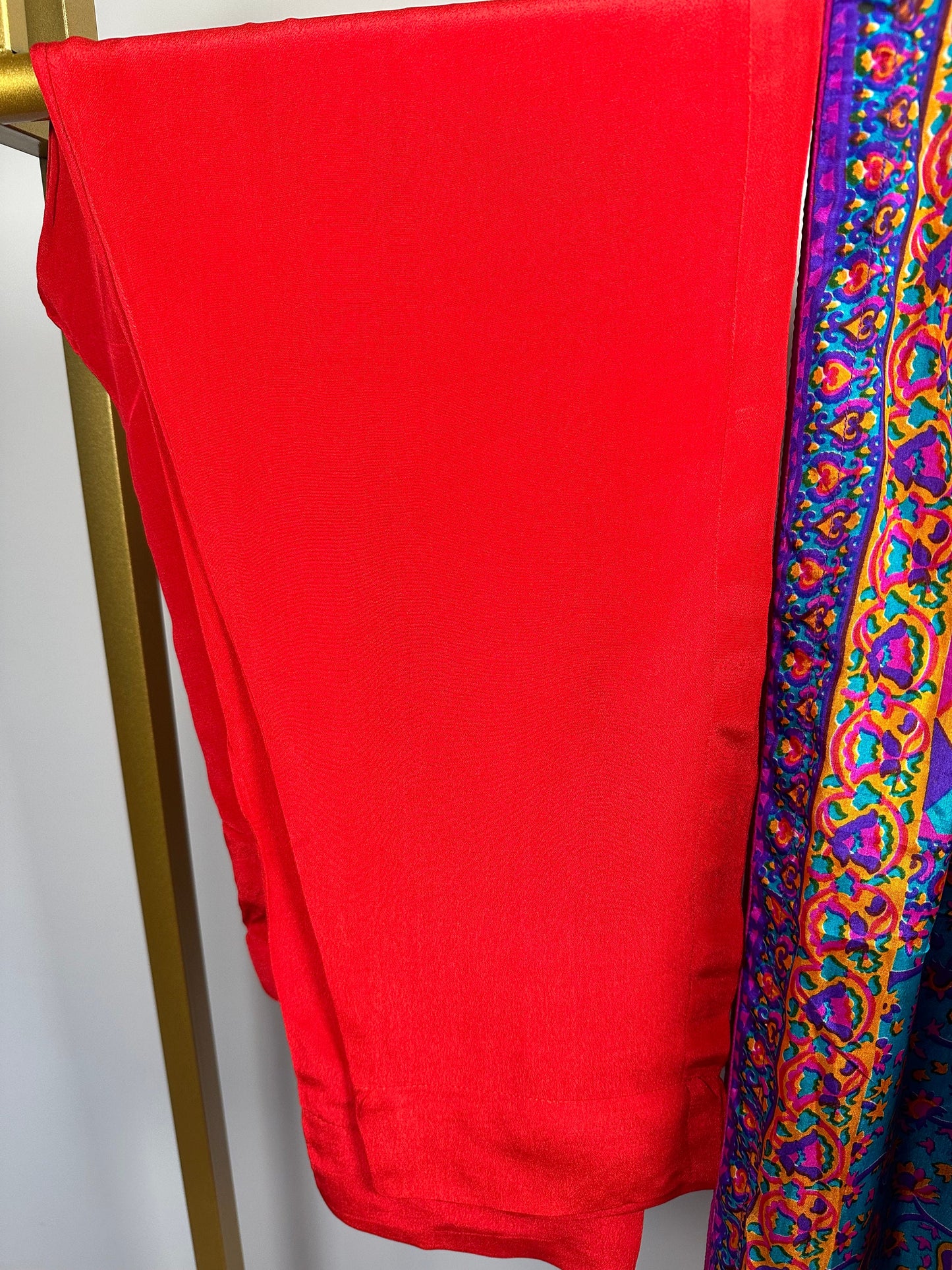 Red front open frock style shirt and pant with multicolored silk duppata.