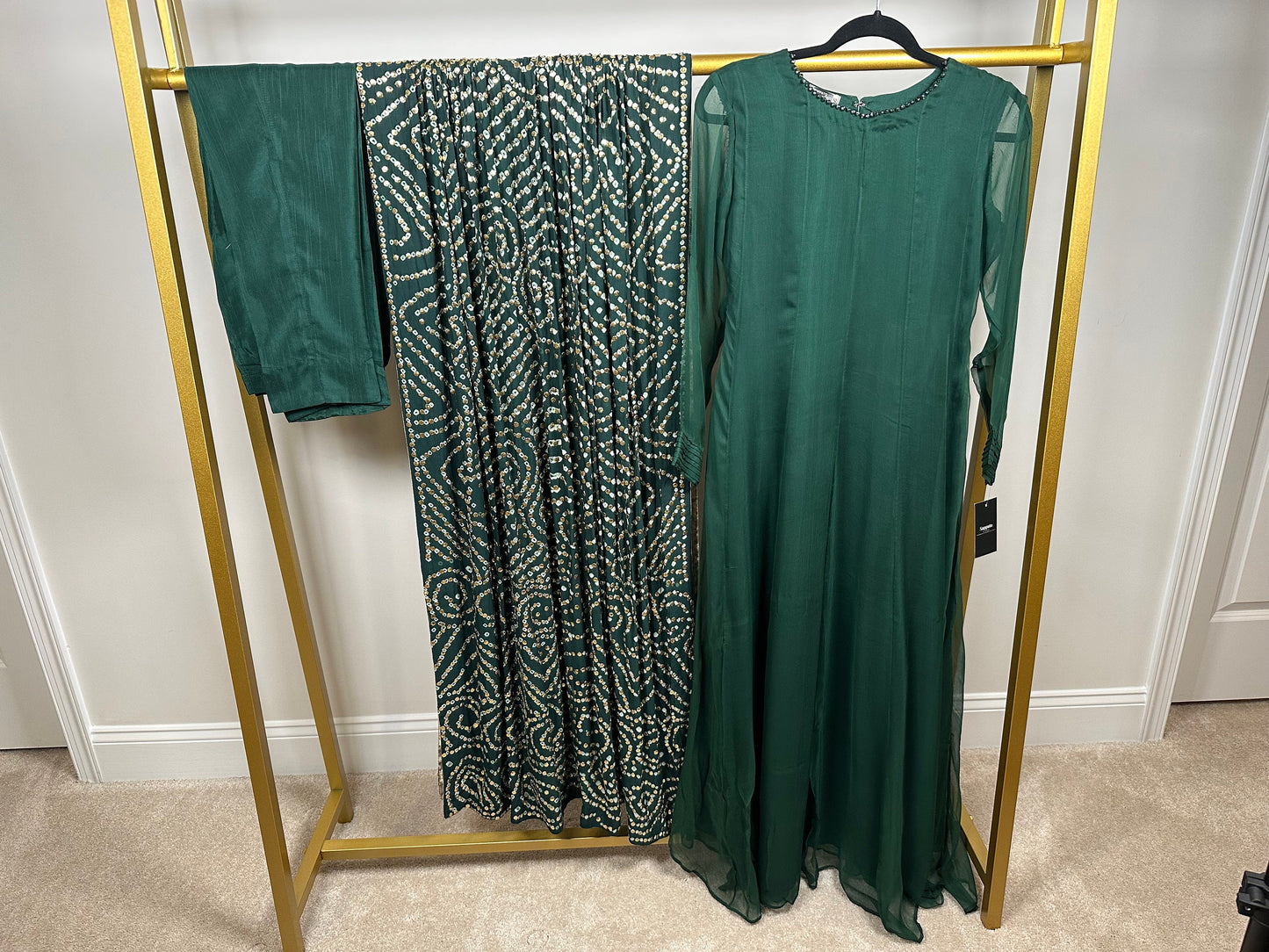 Green chiffon shirt and pants with heavy duppata.