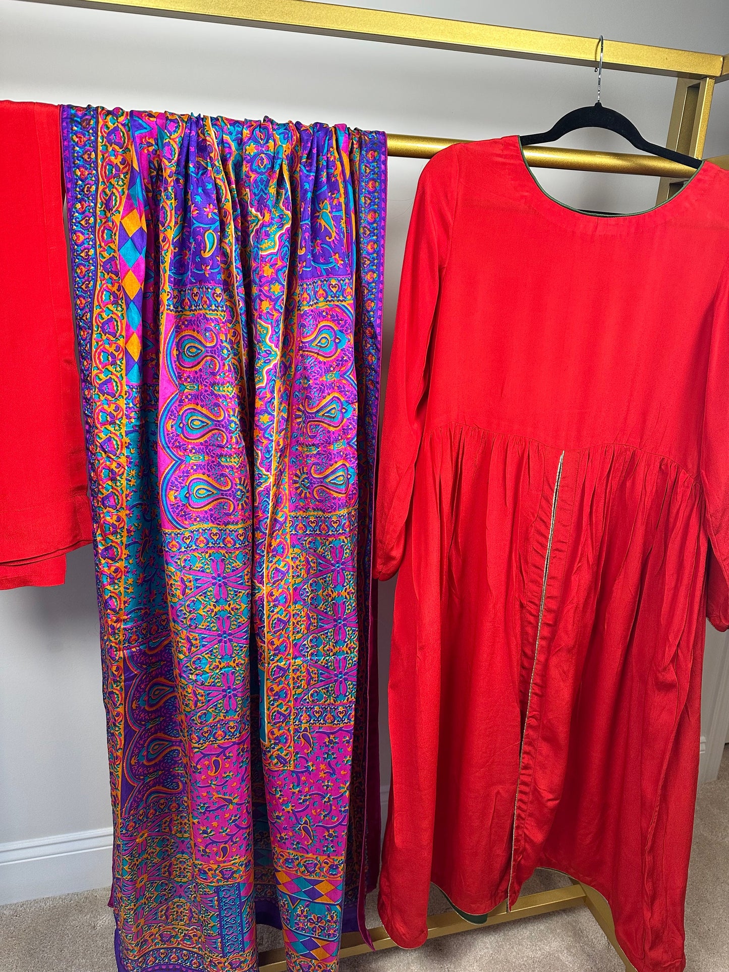 Red front open frock style shirt and pant with multicolored silk duppata.