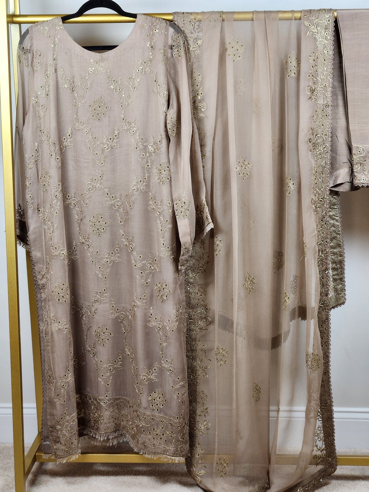 3 pc chikankari on beautiful camel color.