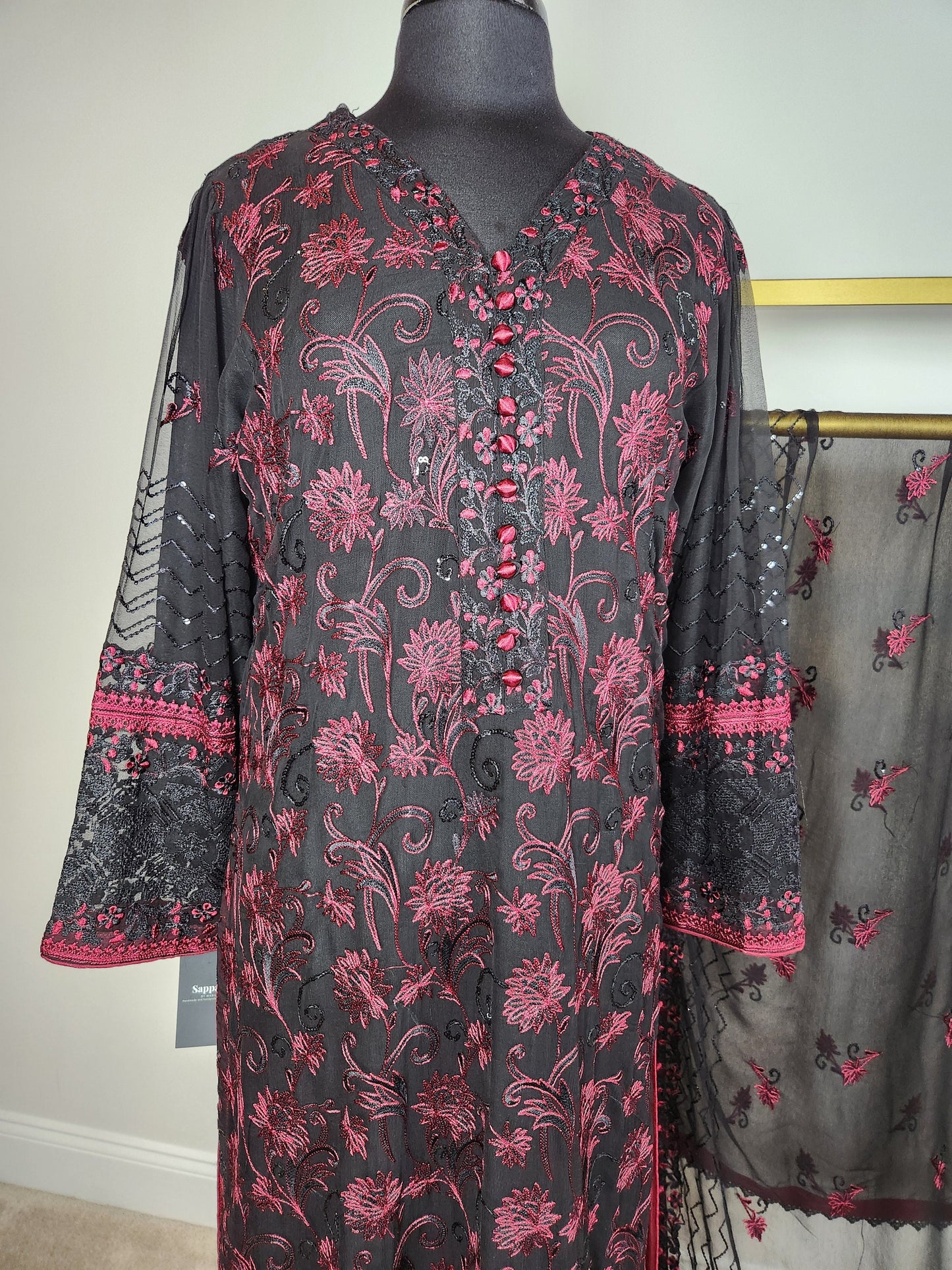 Our favorite combo red and black on purr chiffon chikankari.